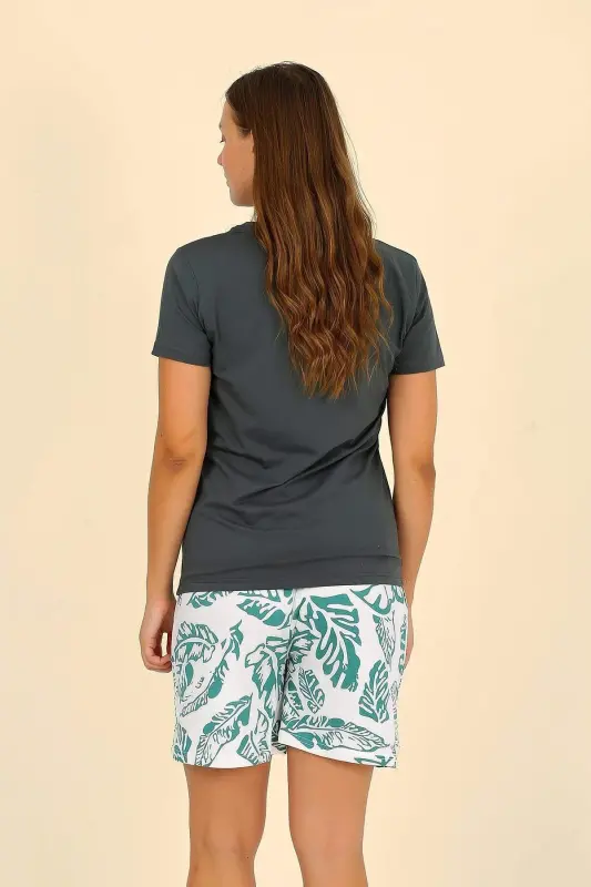 Ayollar uchun shortili kalta yengli paxta pijama to'plami Yashil 3625 - 6