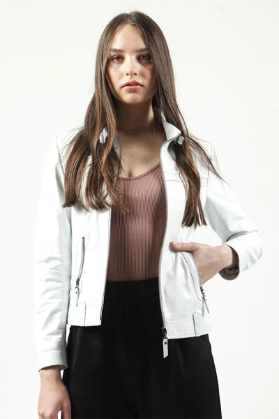 Ayollar uchun Siena Slim Fit Haqiqi Teri Ko'ylagi Oq - DERICLUB