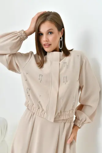 Ayollar uchun simli krep yubka kostyumi Bej 30839 - FTZ WOMEN (1)