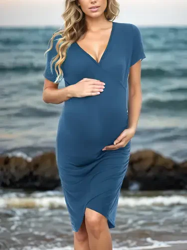 Ayollar uchun Smallshow qisqa yengli yozgi homiladorlik ko'ylagi, burmali homiladorlik kiyimlari - 4