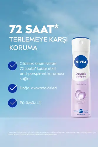 Ayollar uchun sprey dezodorant Double Effect 150ml, ter hidi hissiga qarshi 48 soat himoya, silliq qovurg'a osti - 10