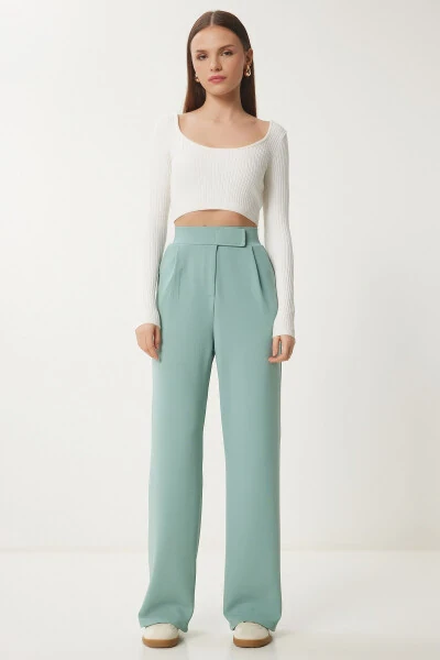 Ayollar uchun suv yashil rangli belbog'li yengil to'qima shim RV00150 - HAPPINESS İSTANBUL