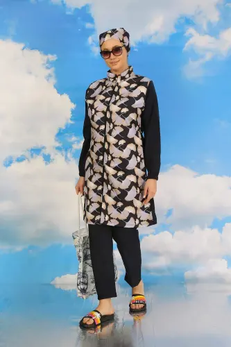 Ayollar uchun to'liq naqshlangan bekamu ko'k rangli mayo 31070 - 4