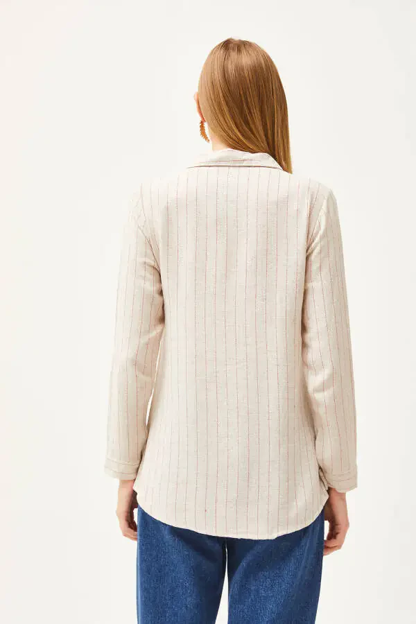 Ayollar uchun tosh-qizil chiziqli zig'ir aralashmasi ko'ylak GML-19001176 - 2