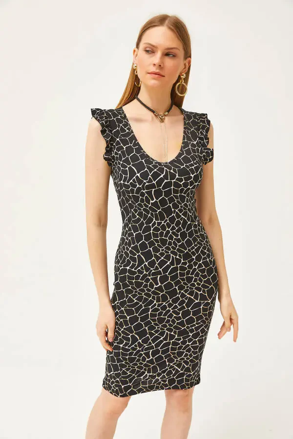 Ayollar uchun toshli qora V bo'yinli yelka burmali kristalli viskoz ko'ylak ELB-19002060 - 2