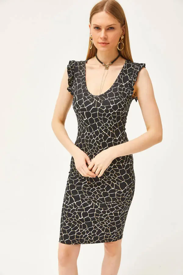 Ayollar uchun toshli qora V bo'yinli yelka burmali kristalli viskoz ko'ylak ELB-19002060 - 3