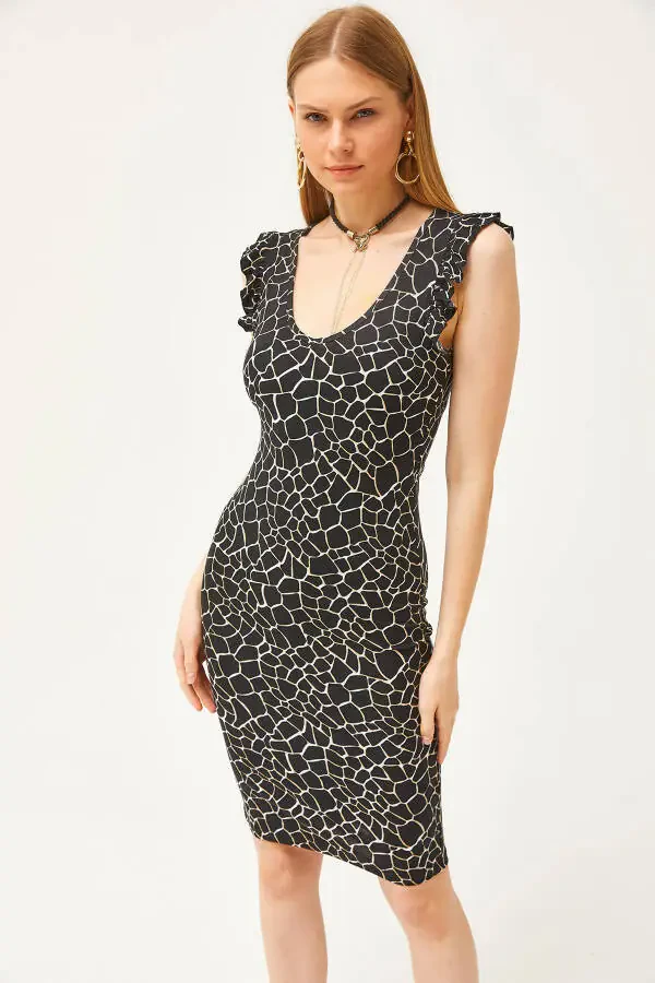 Ayollar uchun toshli qora V bo'yinli yelka burmali kristalli viskoz ko'ylak ELB-19002060 - 4