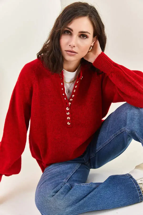 Ayollar uchun tugmali baliqchi yoqa trikotaj sviteri - 8