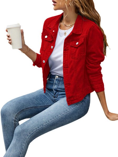 Ayollar uchun tugmali, cho'ziluvchan, uzun yengli, tor qilib tikilgan denim jinsi kurtka - 7