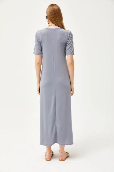 Ayollar uchun tutun rangli V bo'yinli bo'shashgan maxi ko'ylak ELB-19002076 - 6