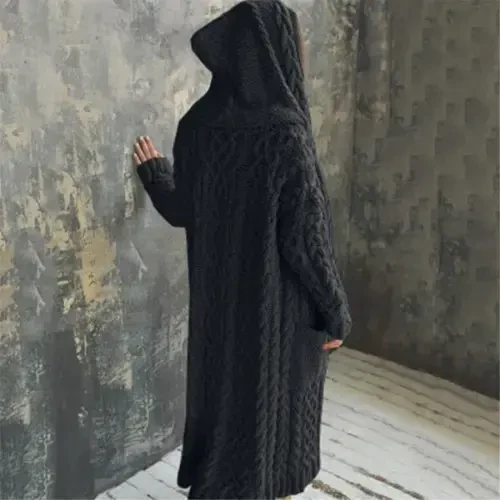 Ayollar uchun uzun qishki kardigan, bir xil to'qilgan, bo'sh, kaputli, uzun kardigan sviter, cho'ntakli palto, qora, XL - 6