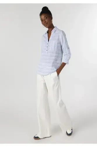 Ayollar uchun uzun yengli, ko'k chiziqli, oddiy o'lchamli ko'ylak - 3