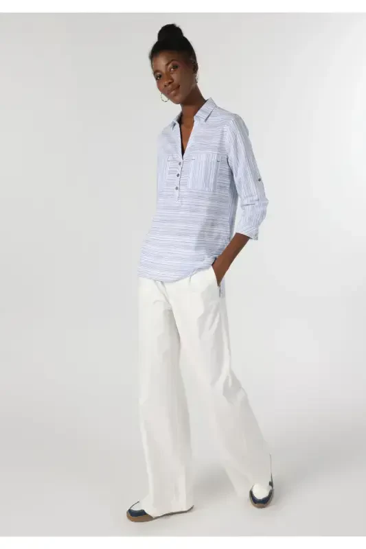 Ayollar uchun uzun yengli, ko'k chiziqli, oddiy o'lchamli ko'ylak - 3