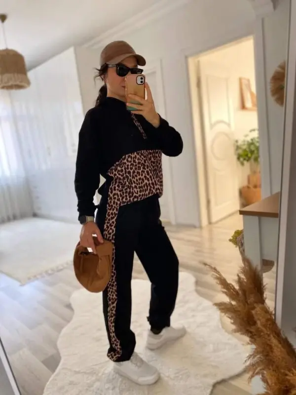 Ayollar uchun uzun yengli leopard detallik svitshot va yon tomoni leopard tasmali shimdan iborat ikki qismli to‘plam - 14