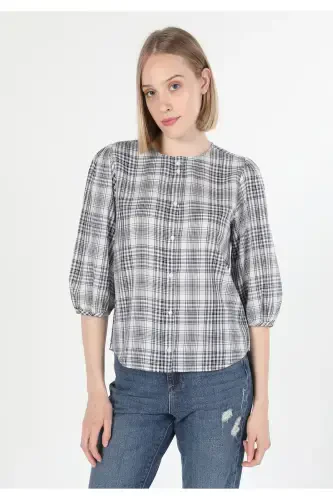 Ayollar uchun uzun yengli, velosiped yoqasi, katakli, ko'k, oddiy o'lchamli ko'ylak. - 3