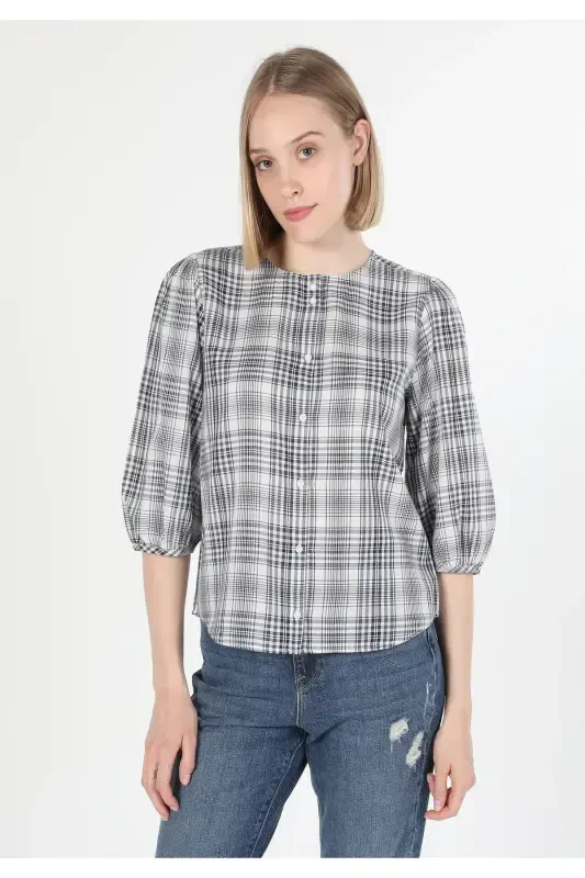 Ayollar uchun uzun yengli, velosiped yoqasi, katakli, ko'k, oddiy o'lchamli ko'ylak. - 3