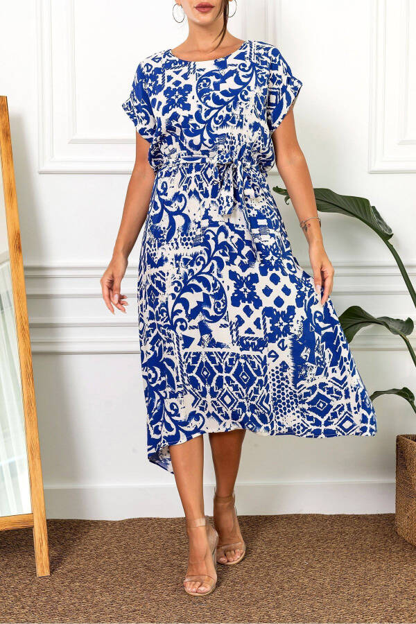 Ayollar uchun xantal rangli elastik kamarli bog'lab qo'yiladigan naqshli ko'ylak ARM-22Y001044 - 2