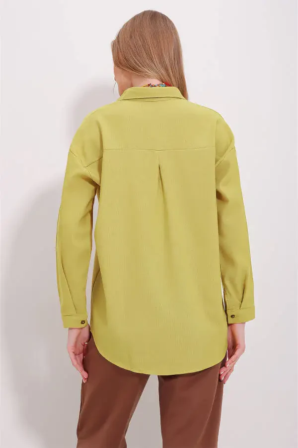 Ayollar uchun xantal rangli katta o'lchamli zig'ir ko'ylak ALC-X10343 - 5