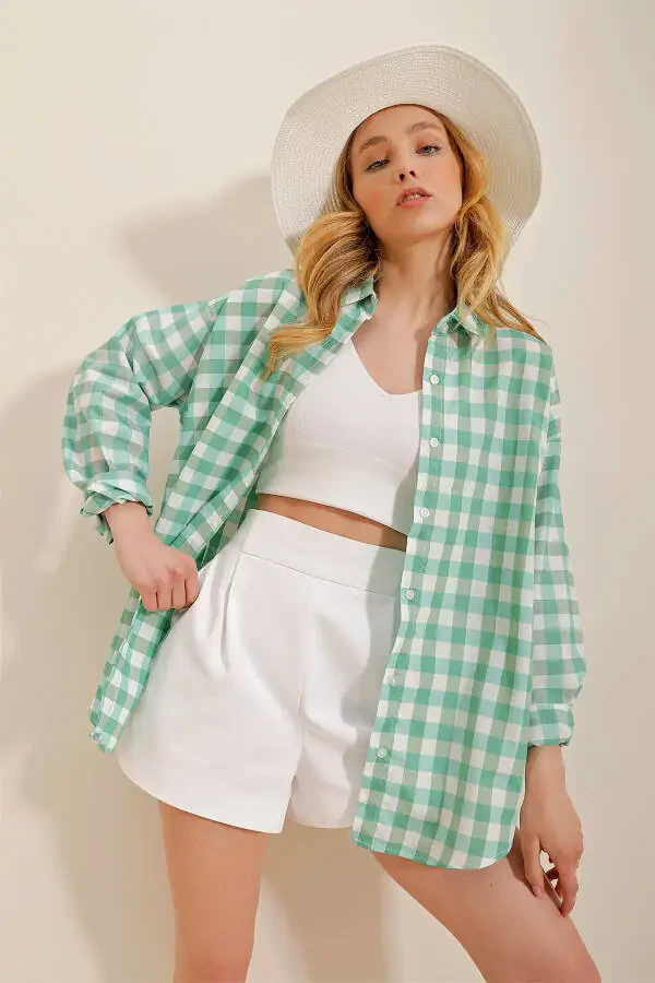 Ayollar uchun yalpiz rangli kletkali ko'ylak ALC-X10233 - 3