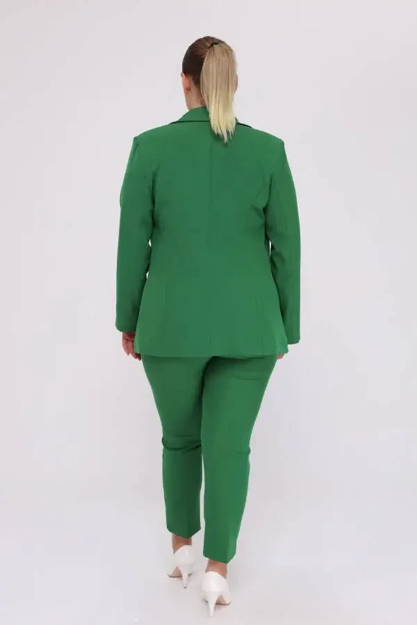Ayollar uchun yashil Blazer ko'ylagi kamari, cho'ntaklari va keng oyoqli shim bilan katta o'lchamli kostyum - 6