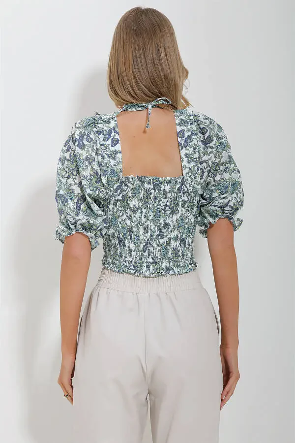 Ayollar uchun yashil-oq kvadrat bo'yinli, tarvuz qisma, qisqa keten ko'ylagi ALC-X11651 - 6