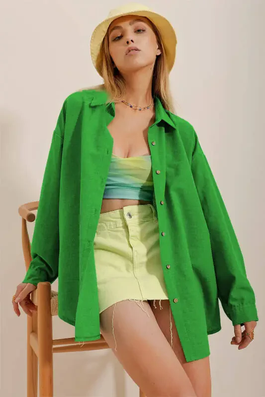 Ayollar uchun Yashil Oversize Zig'ir Ko'ylak ALC-X10343 - 1