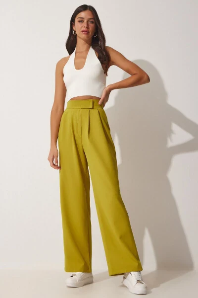 Ayollar uchun yashil rangli, belbog'i lipkali, keng shim YL00001 - HAPPINESS İSTANBUL