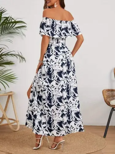Ayollar uchun yelkasi ochiq, Madonna yoqali, gul naqshli, yon tomoni kesik uzun supre ko‘ylak - 3