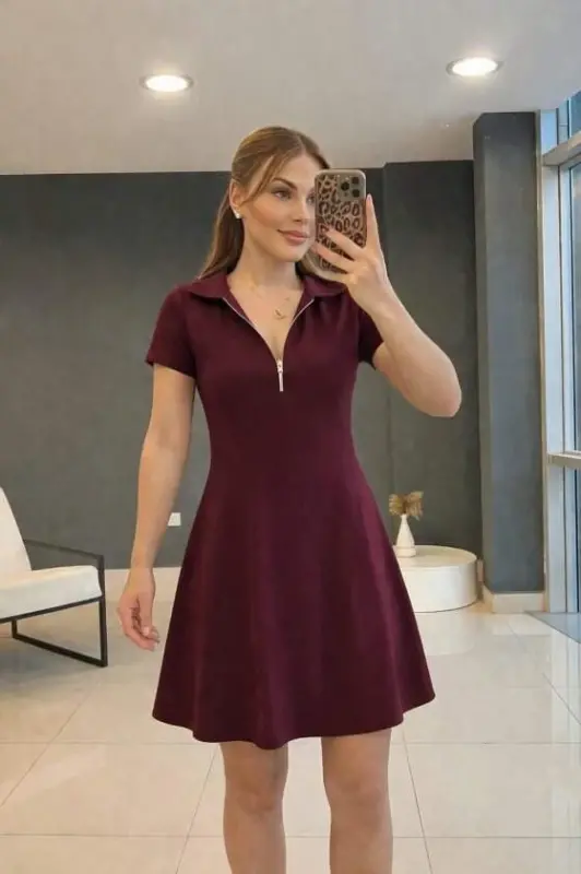 Ayollar uchun yoqasi zanjirli, kalta yengli, viskoza matoli qisqa ko‘ylak - BÜYÜKBEDENIZ