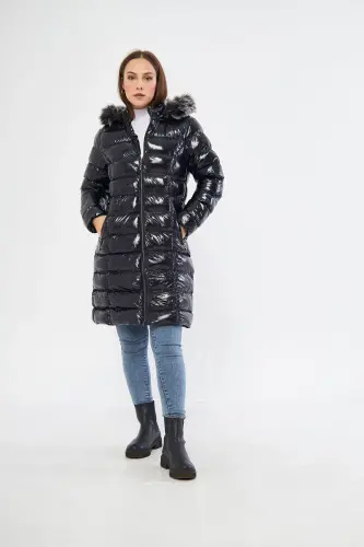 Ayollar uchun yorqin qora uzun puffer palto Parka - Yorqin qora 