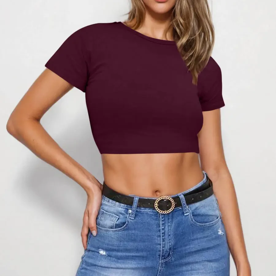 Ayollar uchun yozgi Pimelu toplari, Trendy ayollar uchun asosiy qisqa yengli yumaloq bo'yinli qisqa top, yozgi kundalik tekis qisqa topli futbolka, o'smir qizlar uchun - 3