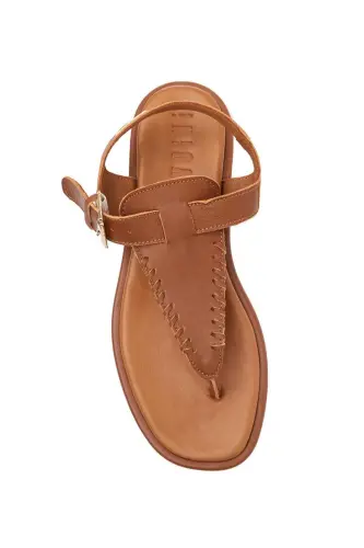 Ayollar uchun yozgi sandal, haqiqiy charm barmoq orasi taglik, qahva rang charm, to'piqdan bog'lab qo'yiladigan. - 4