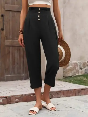 Ayollar uchun yuqori belli, oldindan tugmachali import qilingan zig'ir shim - 3