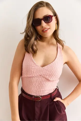 Ayollar upasi Halter bo'yin oldi astarli to'qimali Crop Bl - 5