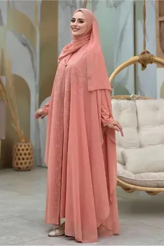 Ayollar Upasi tikilgan tulli ikki qismli ferace kostyumi T 6773-PUDRA - 3