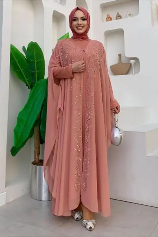 Ayollar Upasi tikilgan tulli ikki qismli ferace kostyumi T 6773-PUDRA - 2