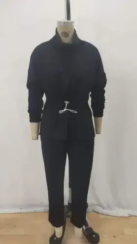 Ayollar uzun qisma baliqchi yoqali beldan lastikli modal bluz va shimlar ikkilik to'plami - 5