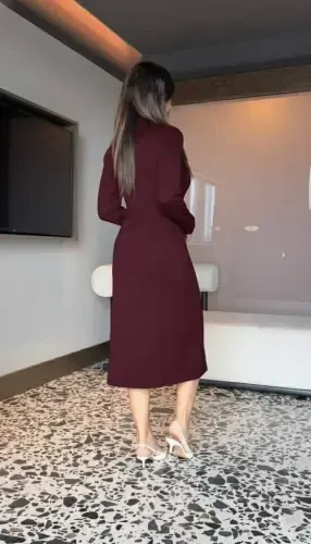 Ayollar uzun qisma baliqchi yoqali oldindan fermuarlı yirtqichli midi viskon ikki iplik ko'ylak - 3