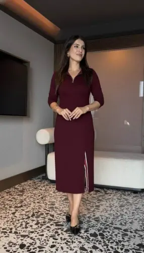 Ayollar uzun qisma baliqchi yoqali oldindan fermuarlı yirtqichli midi viskon ikki iplik ko'ylak - BÜYÜKBEDENIZ (1)