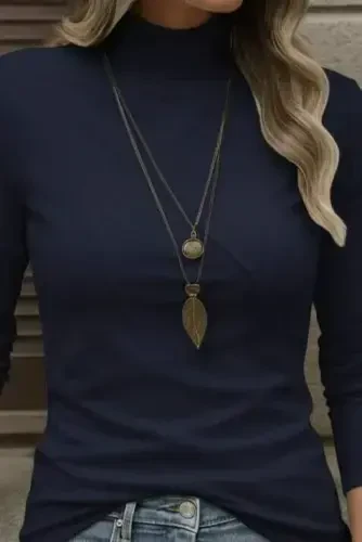 Ayollar uzun qisma baliqchi yoqasi oldidan chiziqli detallari suvga sho'ng'in bluzkasi - BÜYÜKBEDENIZ (1)