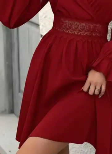 Ayollar uzun qisma chirmoviqli yoqali dantelli fermuar detallari mini import krep ko'ylak - 3