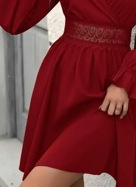 Ayollar uzun qisma chirmoviqli yoqali dantelli fermuar detallari mini import krep ko'ylak - 3