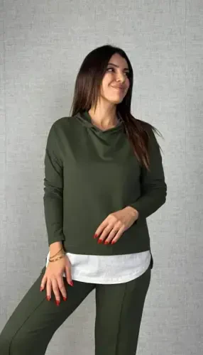 Ayollar uzun qisma kapüşonli bog'ichli viskoza ikki ipli bluz va shimlar ikki qismli kostyum - 3