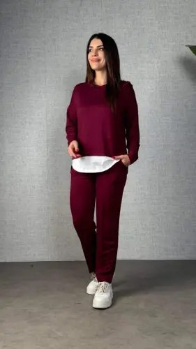 Ayollar uzun qisma kapüşonli bog'ichli viskoza ikki ipli bluz va shimlar ikki qismli to'plami - 1