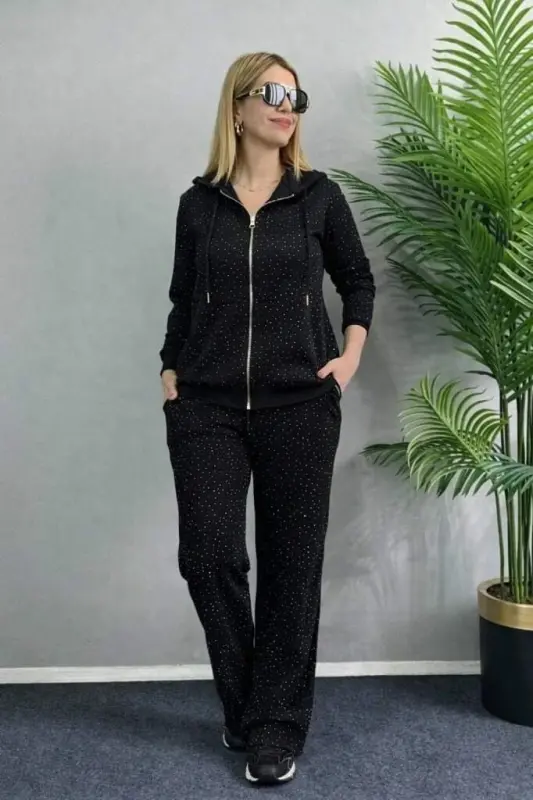 Ayollar uzun qisma kapüşonli fermuarli toshli oldi fermuarli viskon ikki ip bluz va sport shimlar ikkilik to'plami - 1