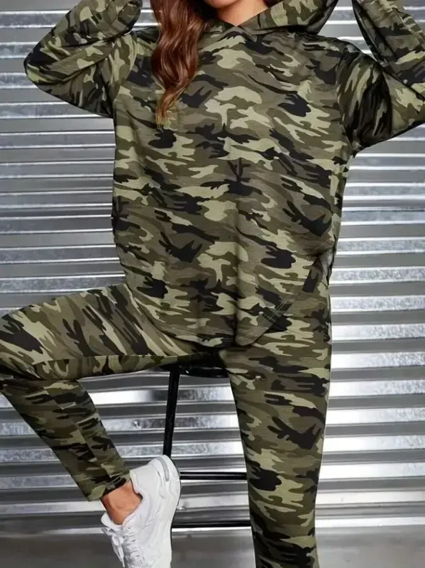 Ayollar uzun qisma kapüşonli kamuflaj naqshli bluz va shim tayt ikkilik to'plami - 3