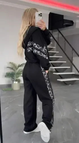 Ayollar uzun qisma kapüşonli old fermuarli leopard naqshli modal bluz va shimlar ikkilamchi to'plami - 1