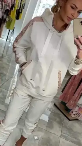 Ayollar uzun qisma kapüşonli payetli detallari viskon ikki ipli bluz va shimlar ikkilamchi to'plami - 5