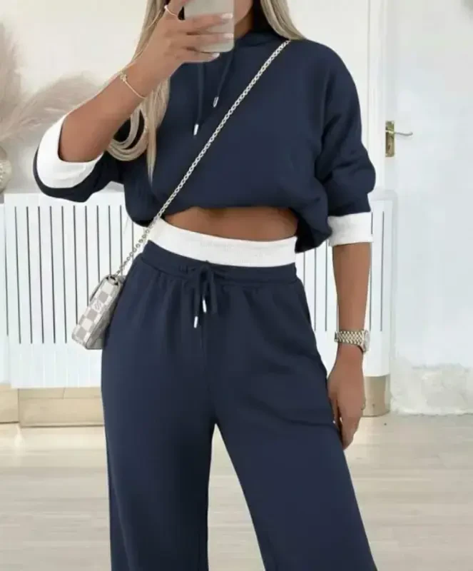 Ayollar uzun qisma kapüşonli viskon ikki ipli tutun bluz va shim ikki qismli kostyum - 4