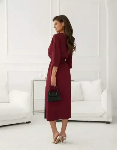 Ayollar uzun qisma kesilgan yoqali yonboshli dantelli midi import qilingan krep ko'ylak - 3